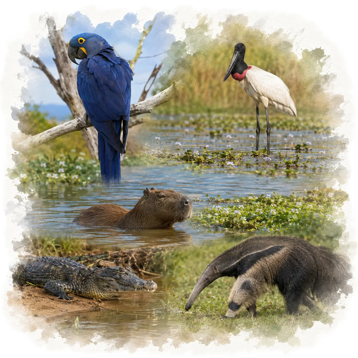 Pantanal wildlife: Hyacinth Macaw, Jabiru, capybara, caiman and giant anteater around a flooded bay